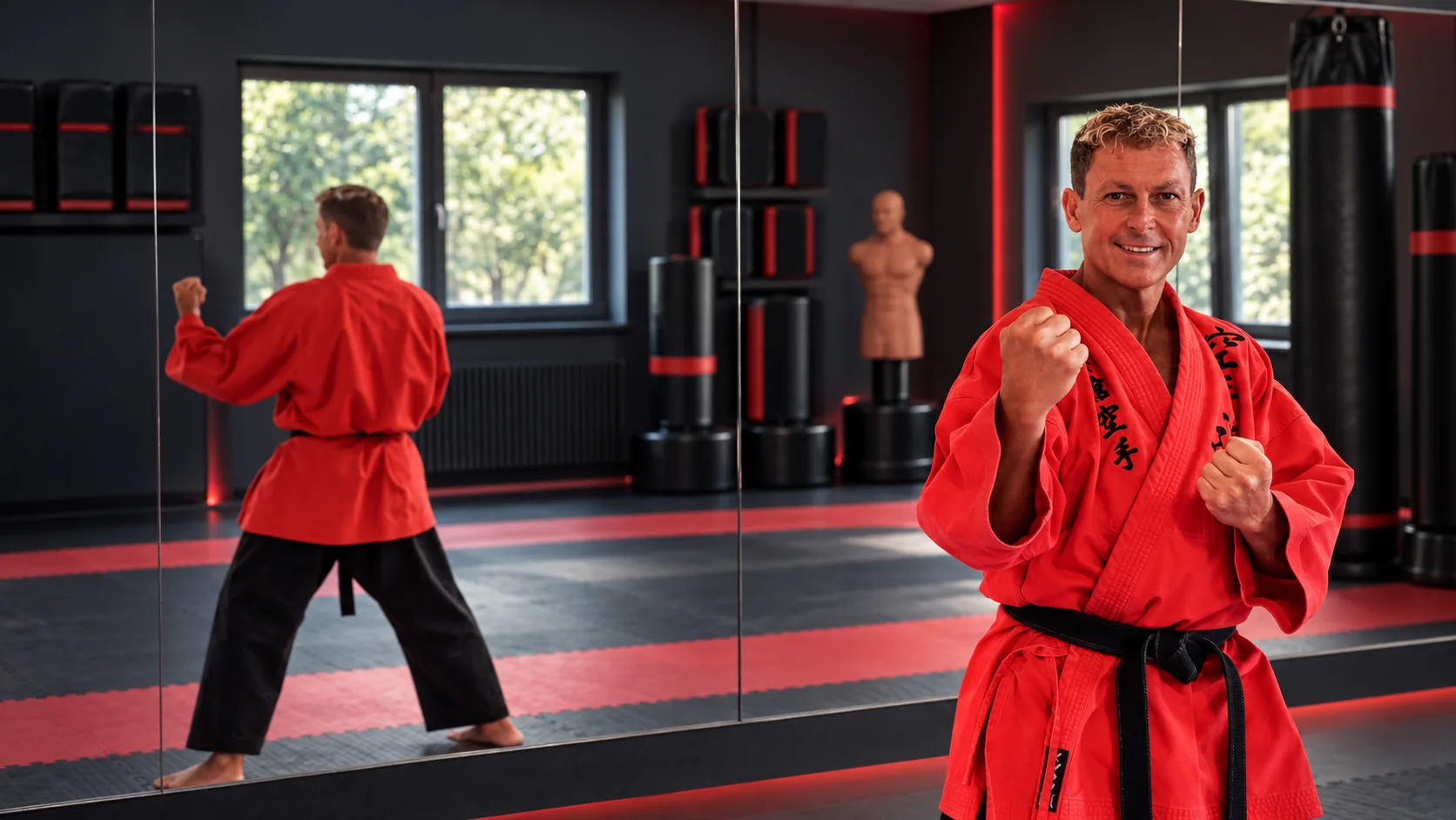 Karate-Trainer in Kampfstellung im Sportpark Pollack