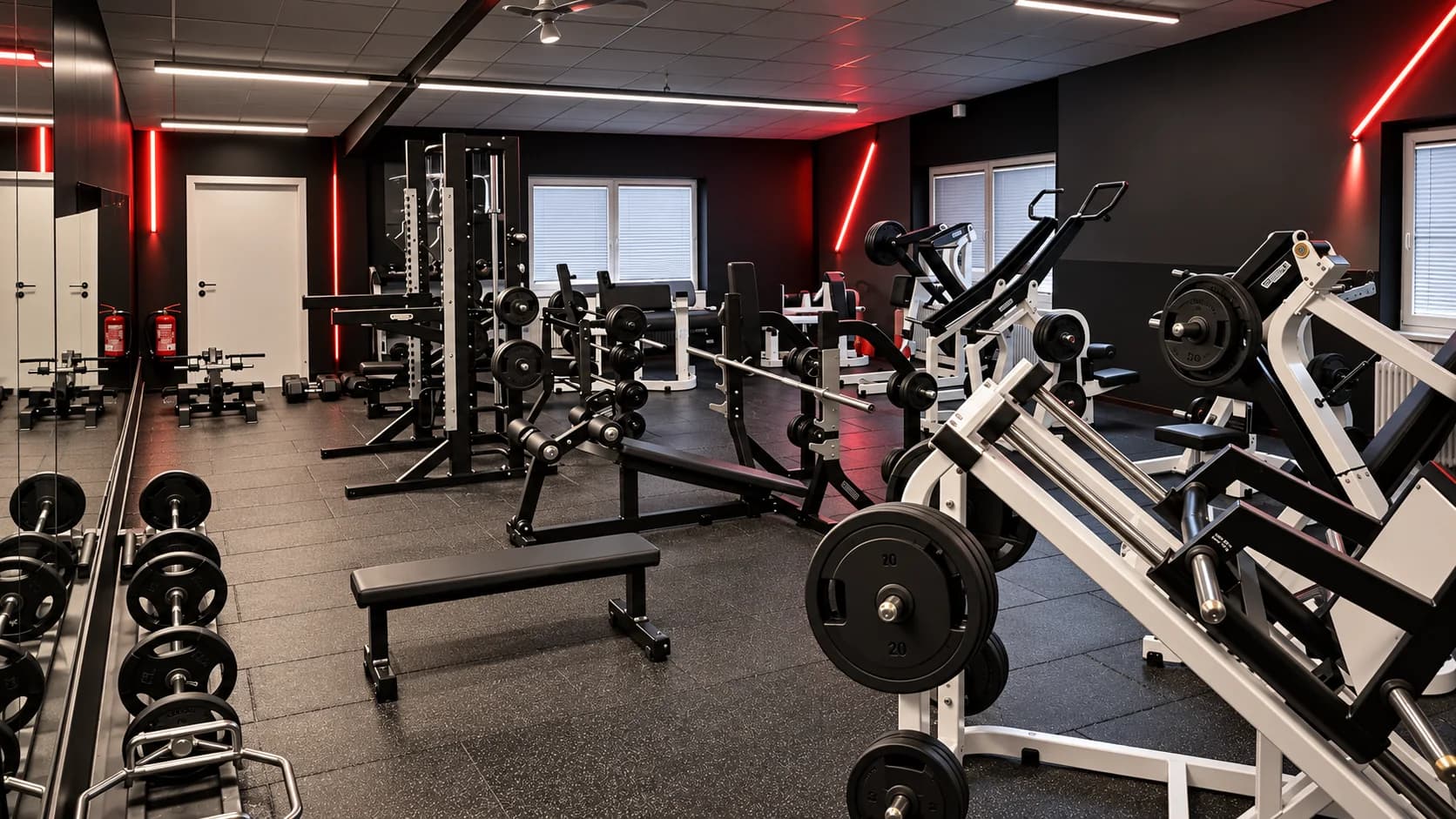 Die Hardcore Area mit Plate-Loaded-Maschinen und freien Gewichten im Sportpark Pollack